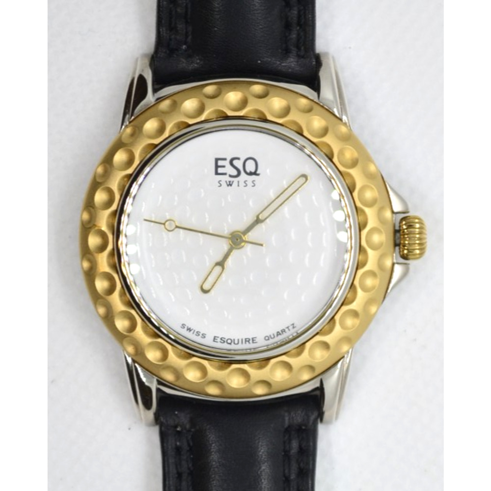 ESQ Movado Golf Ball Ladies Watch Gold Tone Black Leather Swiss Quartz